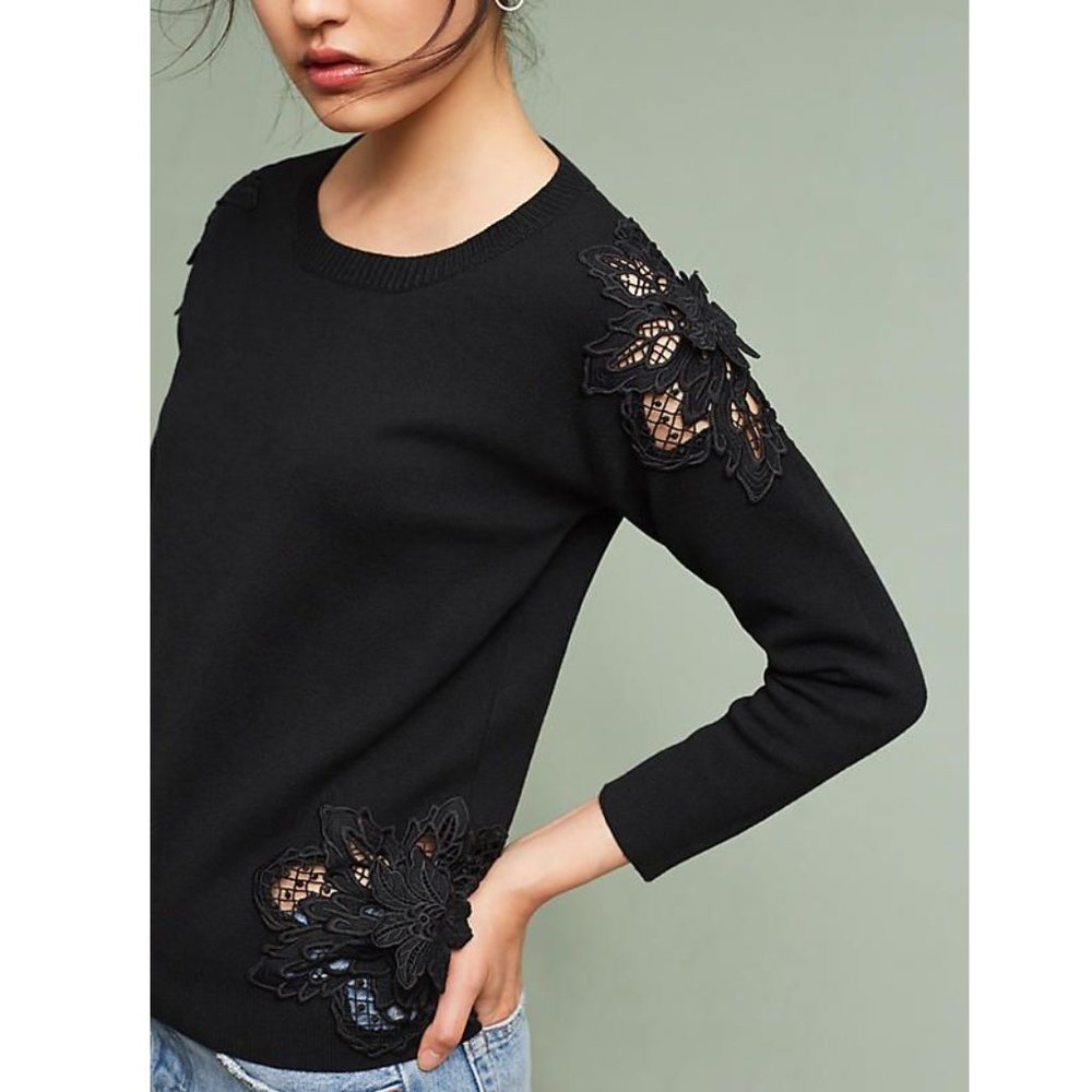 Anthropologie Eri + Ali Doris Laced Floral Pullover Sweater Top Black M
